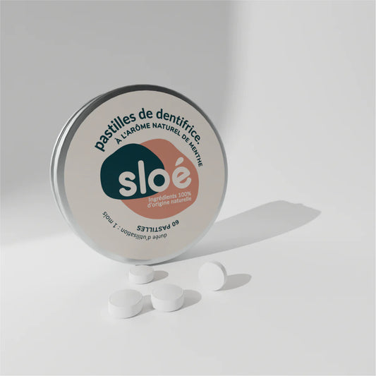 Sloé – Tannpasta pastiller – Mint eller Jordbær (med boks)